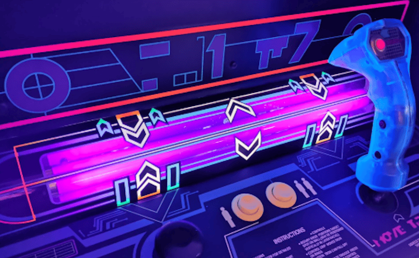 A vintage arcade cabinet glowing in a dark retro game room